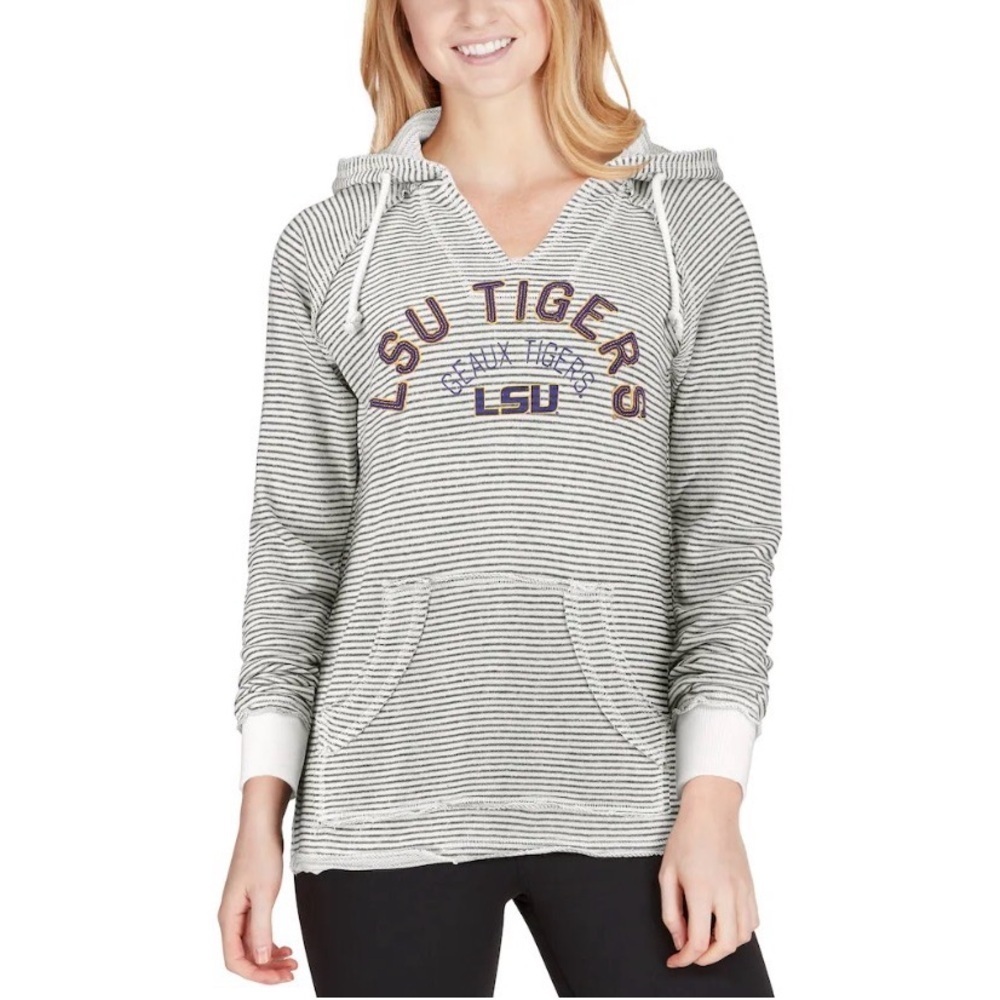 Blue 84 LSU Tigers Women's Striped French Terry V-Neck Pullover Hoodie Size M